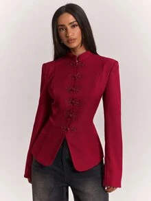SHEIN BAE 時尚復古優雅立領盤扣西裝外套，修身長袖西裝夾克，適合上班、辦公室、晚餐聚會，夏季黑色 - 紅色 - 查看 5