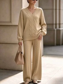 Breezaya Women's Solid Color V-Neck Long Sleeve Top And Pants Casual Daily Knit 2 Pieces Set - Khaki - View 4