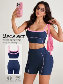 SHEIN Sovereign Charm 女款拼色細肩帶背心上衣與短褲休閒日常運動套裝 - 彩色 - 查看 1