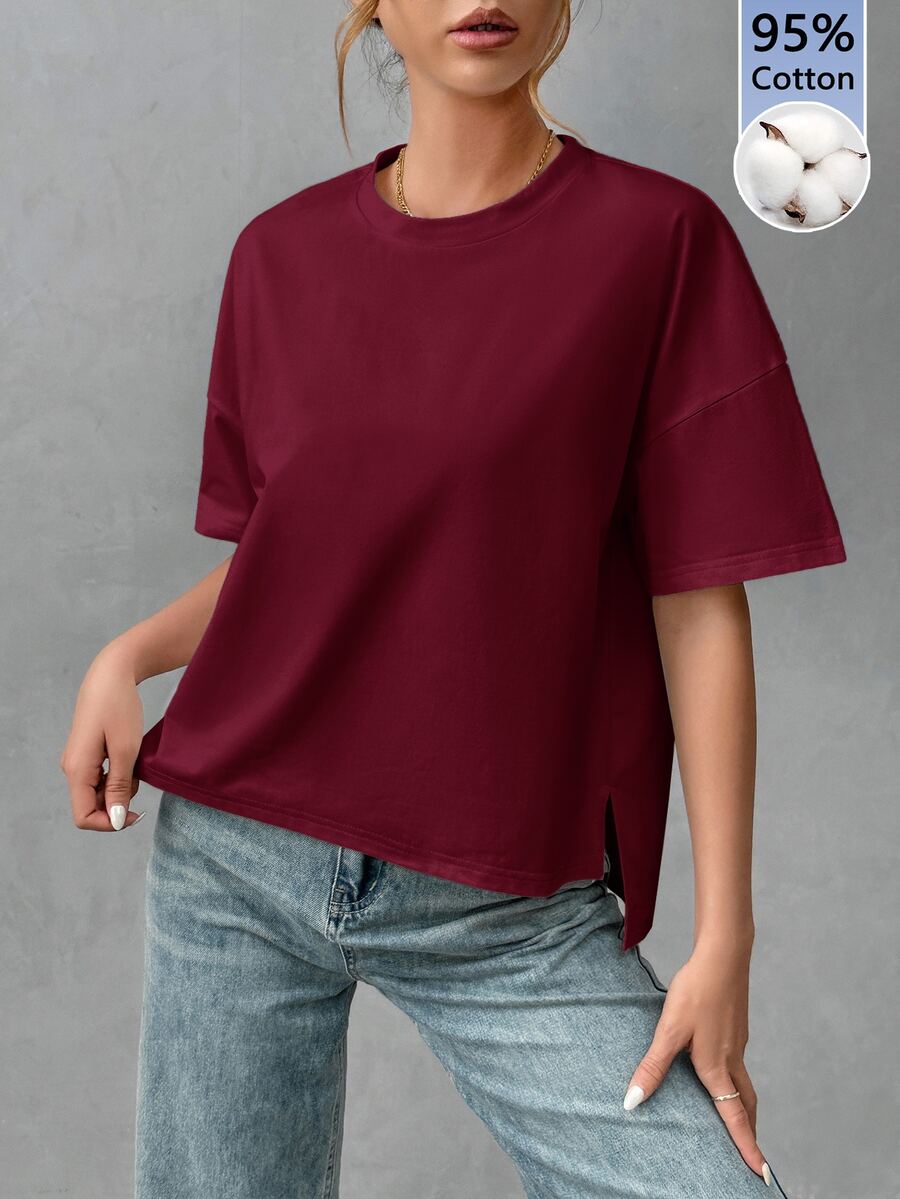SHEIN Essnce 純棉舒適女款極簡基本款前短後長T恤,時尚百搭,適合外出、搭配、旅行、度假 - 酒紅色 - 查看 1
