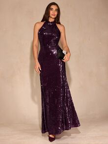 Enchnt Women's Sequin Elegant Cinched Waist Halter Neck Long Dress For Party - Red Violet - View 4