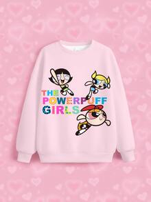 THE POWERPUFF GIRLS X SHEIN Tween Girl Letter Cartoon Print Crew Neck Long Sleeve Casual Sweatshirt - White - View 6