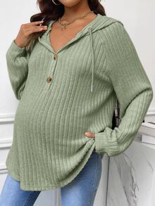 SHEIN 孕婦鈕扣半開襟抽繩運動衫，羅紋細節與插肩袖設計，適合冬季世界盃 - 軍綠色 - 查看 4