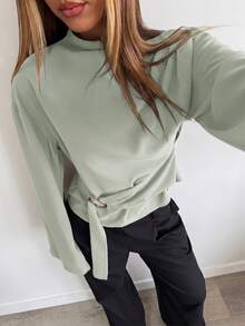 Aloruh Women's Solid Color Stand Collar Drop Shoulder Long Sleeve Waist Buckle Design Fashion Shirt - Green - View 7