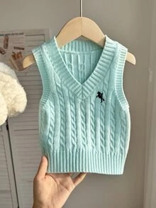 SHEIN 女童粉色刺繡背心毛衣，圓領，適合搭配裙子，適合秋冬春夏穿著的套頭衫 - 薄荷綠 - 查看 7