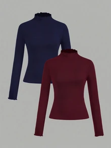 SHEIN EZwear 女款素色小立領長袖休閒T恤（2件組） - 彩色 - 查看 1