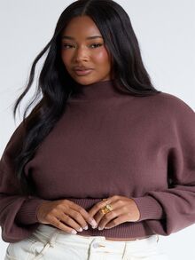 MUSERA Plus Size Brown Knit High Neck Fitted Cinched Jumper Top Fall Autumn Winter Women Outfit Day Outfit Casual - Brown - View 5