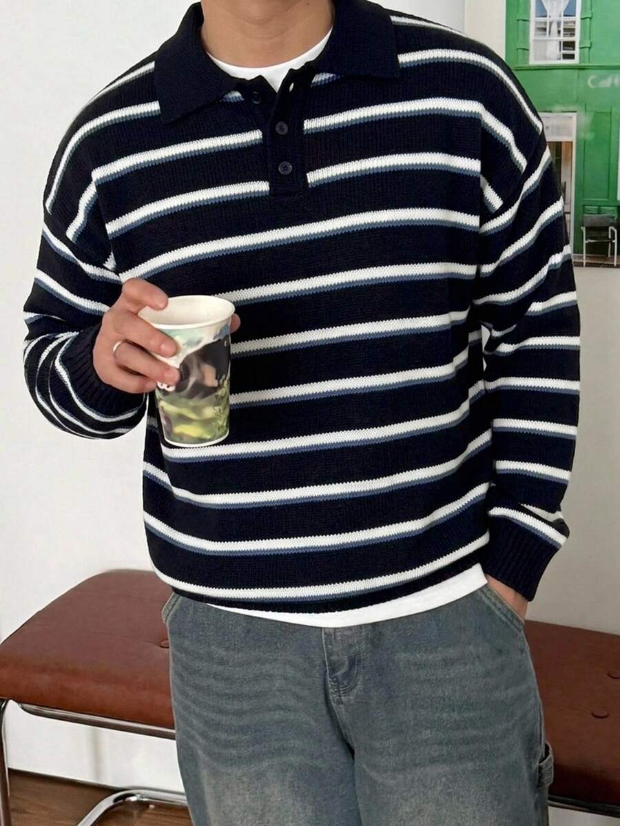 DAZY 秋冬款海軍藍白條紋 Polo 領男士毛衣 - 淺藍色 - 查看 1