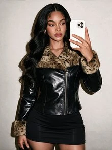 BamGleam Women's Vintage Design Leopard Print Faux Fur Coat With Large Collar, Fashionable Versatile Premium Style - Black - View 5