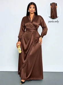 SOLERSUN Plus Size Sexy Elegant Women's Design Satin Lace Patchwork Skirt, Suitable For Commute, Casual, Tea Party, Autumn/Winter - Brown - View 3