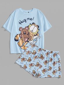 GARFIELD | SHEIN 大尺碼卡通貓咪印花圓領短袖上衣與短褲睡衣套裝，夏季穿搭 - 藍色 - 查看 3