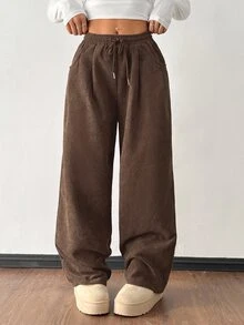 SHEIN PETITE 女款秋冬街頭時尚休閒復古燈芯絨紋理寬鬆長褲，小個女款上班通勤咖啡棕色 - 摩卡棕 - 查看 6