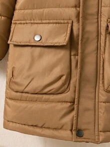 Young Boy Patch Thermal Lined Casual Versatile Winter Hooded Padded Coat - Brown - View 4