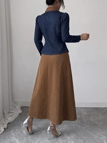 Elenzga 女款單排扣撞色長袖夾克與裙子休閒牛仔套裝 - 藍色 - 查看 2