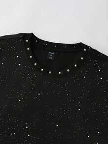 ROMWE MEN Men's Loose Fit Pullover Sweatshirt With Glitter Sequin And Rivet Embellished Cursive Letter Print - Black - View 2