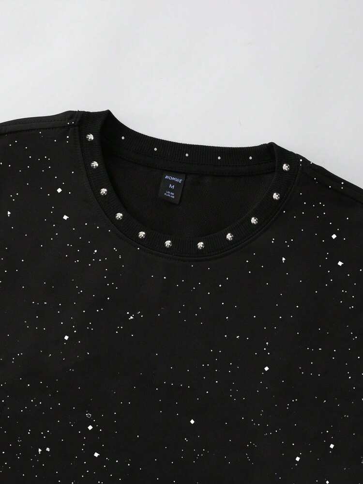 ROMWE MEN Men's Loose Fit Pullover Sweatshirt With Glitter Sequin And Rivet Embellished Cursive Letter Print - Black - View 2