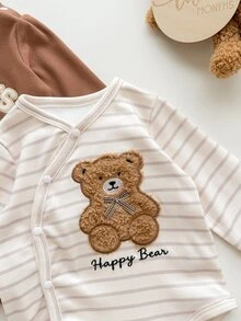 SHEIN 2件組新生兒嬰兒連身衣套裝，可愛棕色與白色泰迪熊毛絨貼布條紋字母長袖圓領常規款，適合假日秋季舒適穿著 - 棕色 - 查看 8