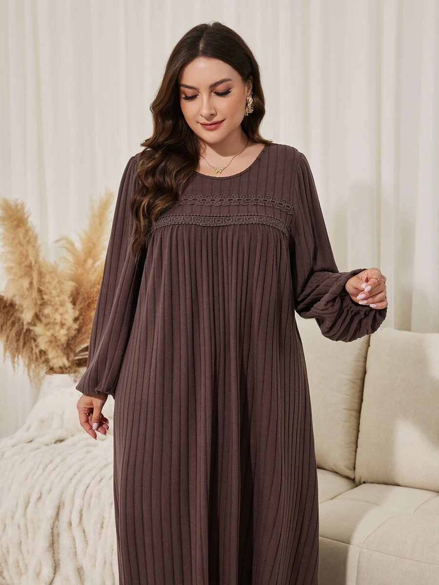 Lacomfia Minimalist Casual Solid Color Ribbed Trim Crew Neck Long Sleeve Loose Fit Regular Spring Autumn Plus Size Dress - Chocolate Brown - View 1