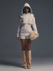 MUSERA White Graphic Corset Detail Long Sleeve Cold Shoulder Zip Front Hooded Romper, Fall Autumn Halloween Party Going Out Concert Rave Disco Graphic - White - View 2