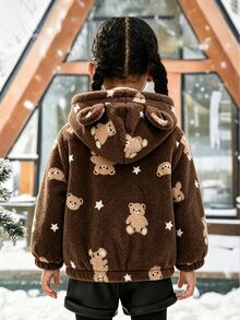 SHEIN 女童熊圖案毛絨外套，3D耳朵連帽可愛拉鍊毛絨秋冬外套，適合4-7歲兒童 - 棕色 - 查看 2