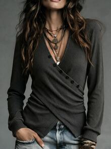 INAWLY Women's Solid Color V-Neck Casual Daily Long Sleeve Top - Grey - View 1