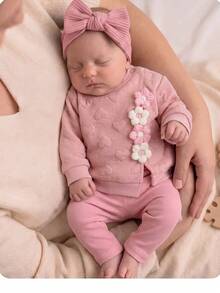 SHEIN 新生兒嬰兒 3D 花卉裝飾長袖上衣與長褲休閒日常套裝 - 粉色 - 查看 1