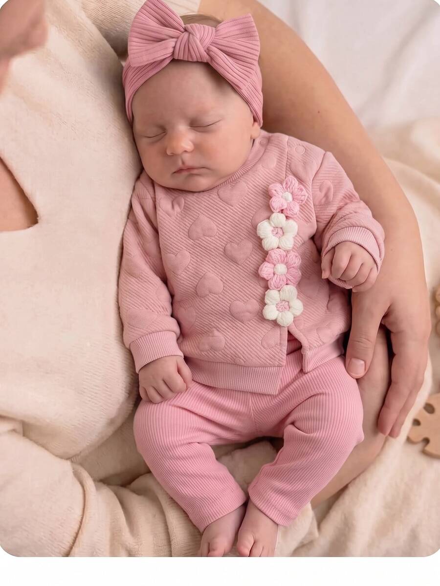 SHEIN 新生兒嬰兒 3D 花卉裝飾長袖上衣與長褲休閒日常套裝 - 粉色 - 查看 1