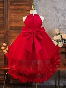 SHEIN 女童純色蝴蝶結裝飾掛脖亮片拖尾公主禮服 - 酒紅色 - 查看 2