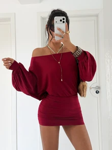 Jeanoix Women's Y2K Sexy Party Dress With Tie-Up Back Design, Loose Sleeves And Bodycon Mini Skirt - Burgundy - View 5