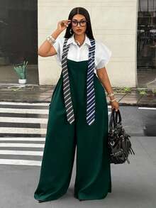Maweii Plus Size Fashion Commuter Striped Suspender Jumpsuit Fall - Dark Green - View 1