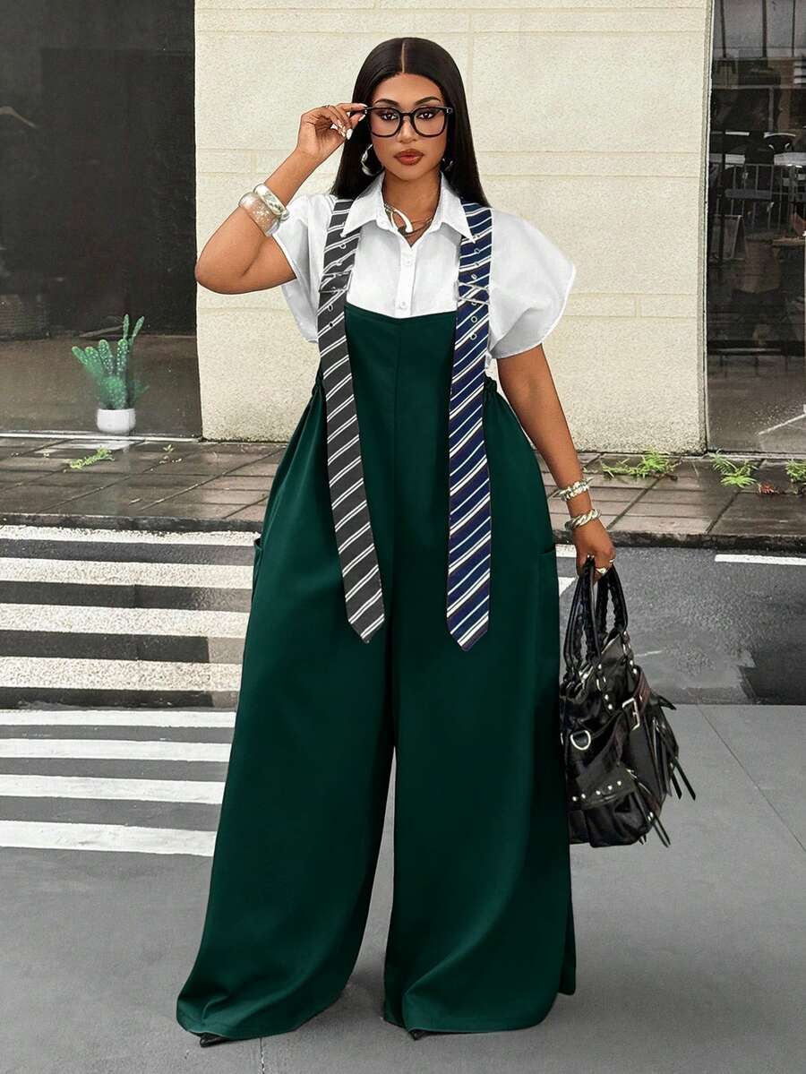 Maweii Plus Size Fashion Commuter Striped Suspender Jumpsuit Fall - Dark Green - View 1