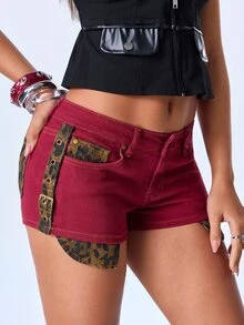 Y2Kool Women's Colorblock Casual Daily Denim Shorts - Burgundy - View 1