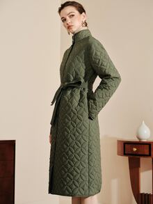 Arave Women's Coat Long Straight Quilted Geometric Ring Texture Stand Collar Button Placket Elegant Olive Green Geometric Fall Clothes For Women Christmas - Army Green - View 7