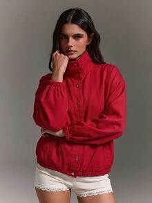Athîral 女款休閒紅色高領寬鬆夾克外套，適合秋冬、聖誕節、新年 - 紅色 - 查看 5