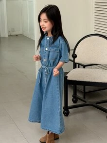 Dazy Kids Tween Girl) Denim Round Neck Long Sleeve Denim Short Sleeve Casual Washed Dress - Medium Wash - View 8