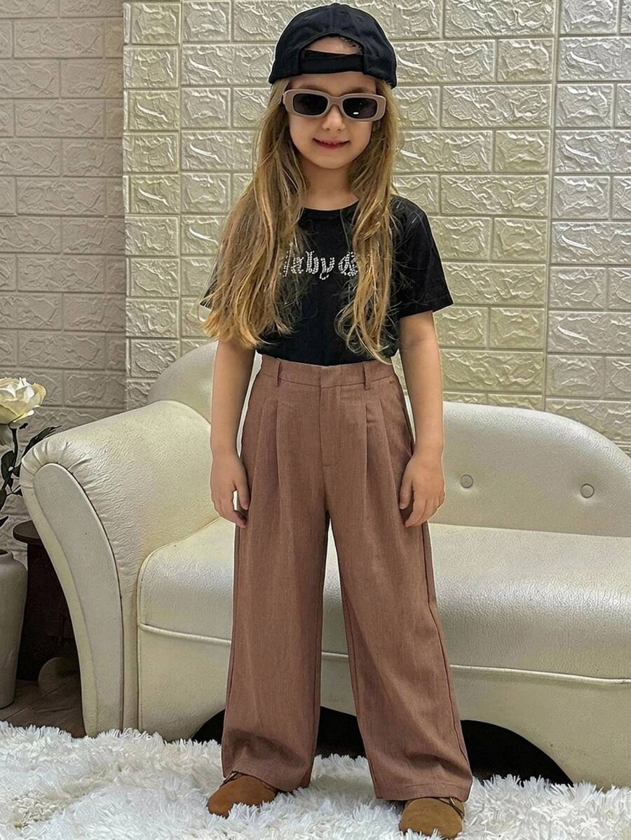 DAZY Pakaian Musim Gugur untuk Anak Perempuan Remaja (Ukuran Besar) Celana Panjang Lebar Tenun Warna Polos - Coffee Brown - View 1