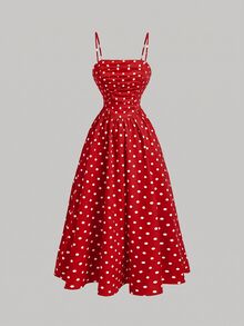 SHEIN MOD Vintage French Classic Ruched White And Black Polka Dot Spaghetti Strap Midi Dress Vacation Summer - Dark Red - View 7