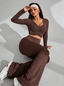 Slayform Slayform 2 قطعة طقم ملابس نسائي بني مضلع، توب قصير بتصميم ملتوي من الأمام & بنطال بقصة واسعة من الأسفل، قصة ضيقة، مناسب للاستخدام اليومي واللياقة البدنية والتمارين الرياضية والخريف - قهوة بني - مشاهدة 1