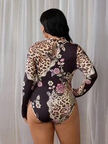 Rustia Plus Size Printed Leopard Print Long Sleeve Cut Out Chest Hollow Waist Bodysuit - Multicolor - View 2
