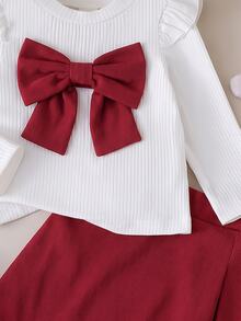 Souflis Souflis 2pcs Baby Girls Princess Big Bow Trim Rib Knit Ruffle Shoulder Corduroy A Line Skirt T Shirt Set Christmas Party Homecoming Fall Style Fall Outfits - Red - View 8