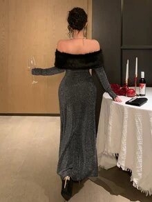 DAZY Women's Fuzzy Patchwork Off-Shoulder Long Sleeve Top And Slit Design Skirt Fashion Two Pieces Set - Black - View 4