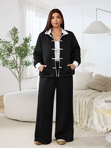 Solflare Plus Size Women's Autumn/Winter Frog Button Long Sleeve Sweatshirt And Pants 2 Pieces Set - Black and White - View 4