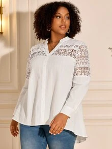 BrightlyHer Plus Size Women's Contrast Lace Cutout V-Neck Long Sleeve Fashion Blouse - White - View 3