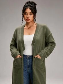 SHEIN BASICS 大尺碼女款純色落肩長袖口袋針織開襟毛衣 冬季 - 綠色 - 查看 7