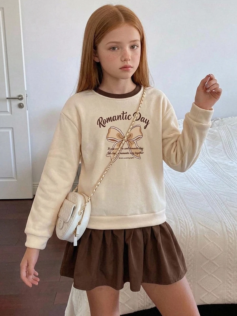 DAZY Tween Girl Thermal Lined Autumn/Winter Letter & Bow Print Long Sleeve Ruffle Hem Princess Dress - Apricot - View 1