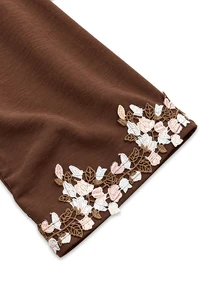 Al Najma 女款秋冬優雅端莊棕色刺繡V領長袍洋裝，紋理面料花卉刺繡喇叭袖寬鬆擺裙日常長裙 - 咖啡棕 - 查看 12