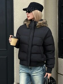 DAZY Women's Plush Patchwork Casual Versatile Winter Padded Coat - Black - View 6