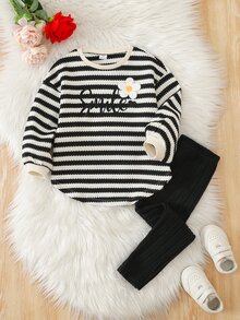 2件組少女時尚休閒落肩條紋針織「微笑」圖案T恤與內搭褲，棕色套裝，女孩羅紋套裝，女孩秋季套裝，女孩舒適套裝，女孩運動套裝 - 黑色 - 查看 3