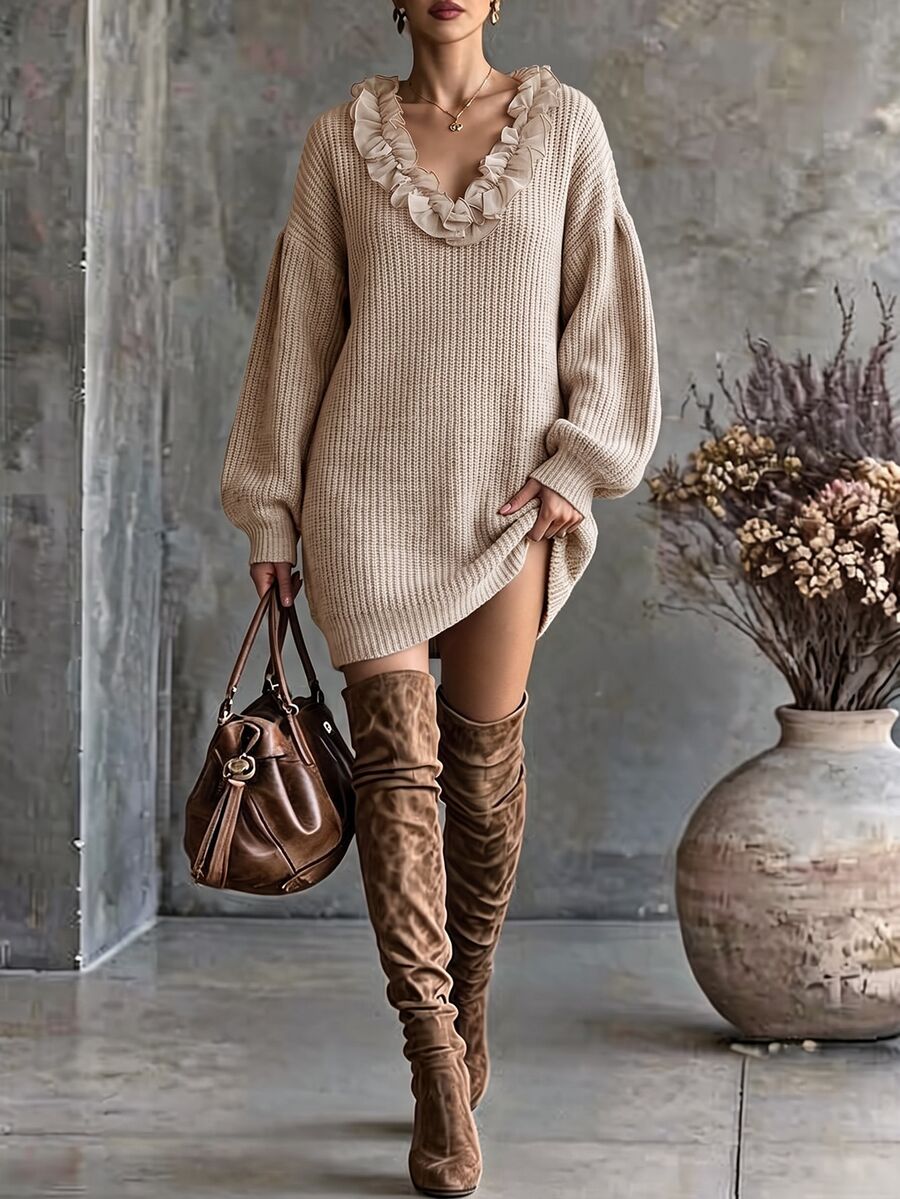 LUMIGAL Gaun Rajut Panjang Gaya Korea Elegan Leher V dengan Detail Renda Kontras, Model Longgar dan Serbaguna untuk Musim Gugur/Dingin - Khaki - View 1