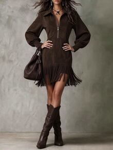 LUMIGAL Women's V-Neck Lantern Long-Sleeved Suede Tassel Patchwork Mini Dress, Western Style - Brown - View 6
